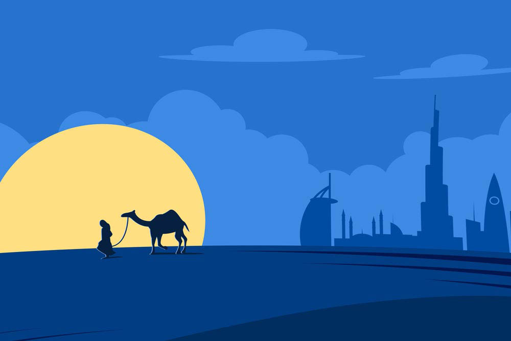Dubai Skyline Silhouette with Camel & Sun Artwork for Sale