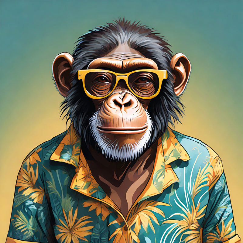 Chimpanzee Wearing Hawaiian Shirt and Sunglasses