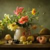 Beautiful still life with flowers and fruit