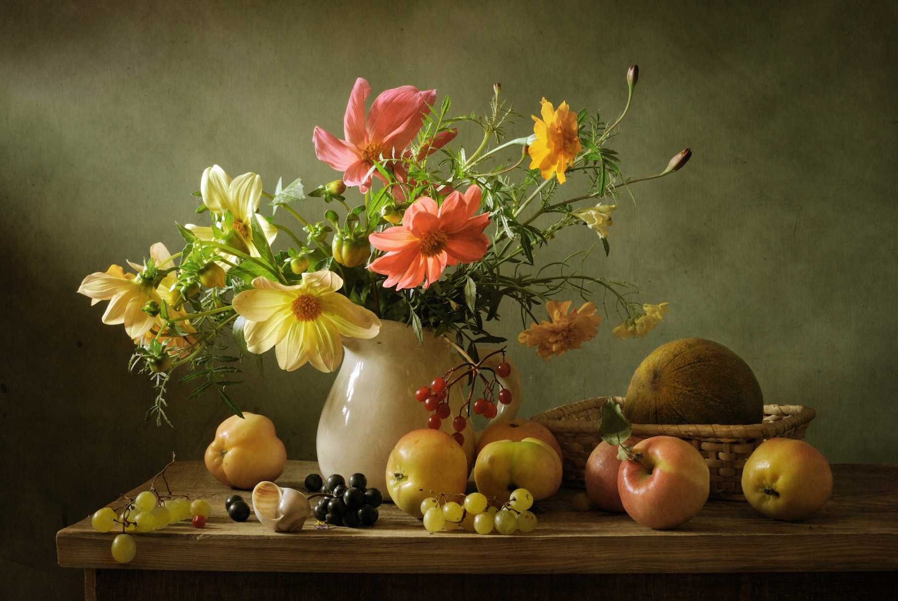 Beautiful still life with flowers and fruit