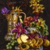 Still life of flowers and food with vase