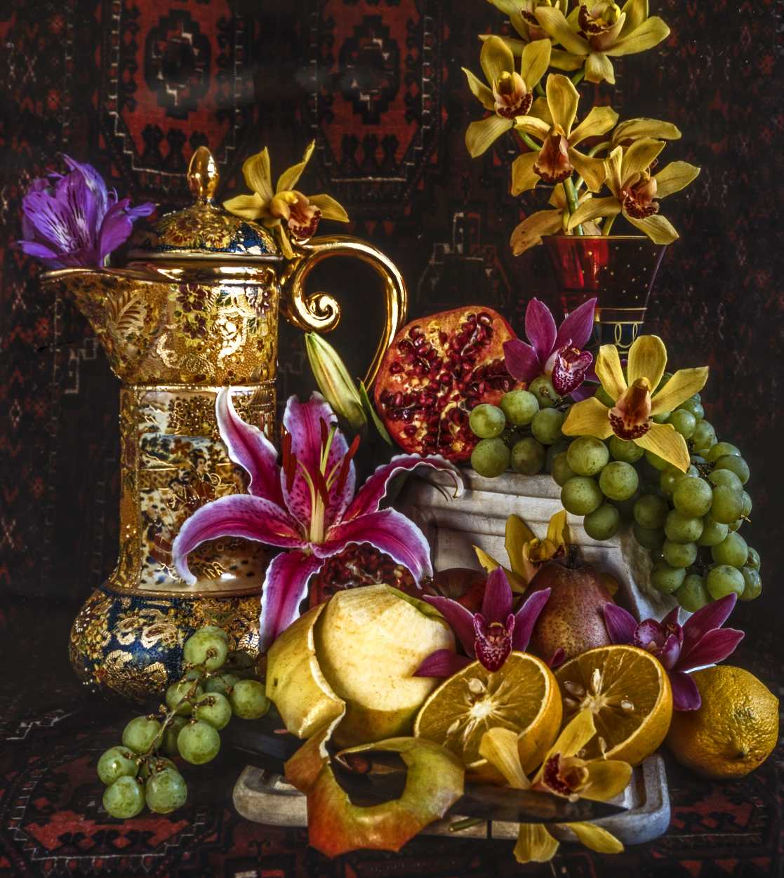 Still life of flowers and food with vase