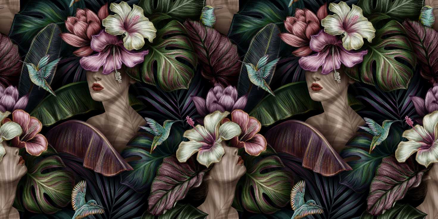 Tropical Exotic Pattern with Woman Wallpaper Print
