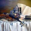 Violin and books still life