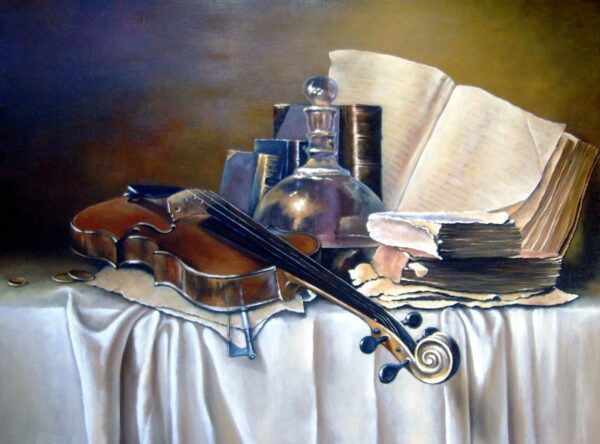 Violin and books still life